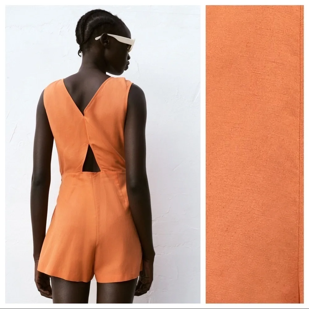 NWT. Zara Orange Crossover Tied Wrap Short Jumpsuit with Bow. Size S.